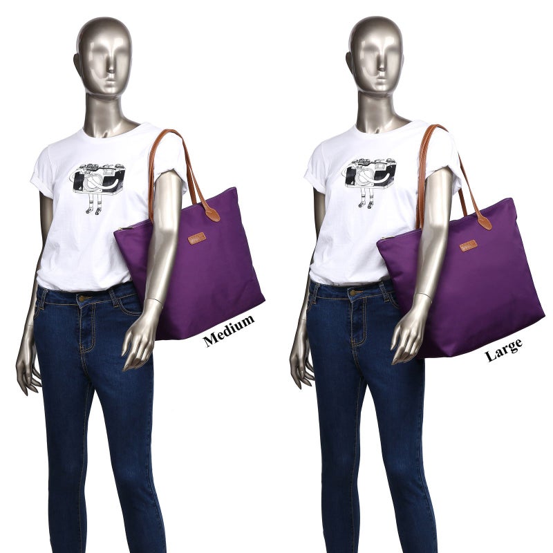 NNEE Water Resistant Light Weight Nylon Tote Bag Handbag - Medium Size, Purple - Image 5